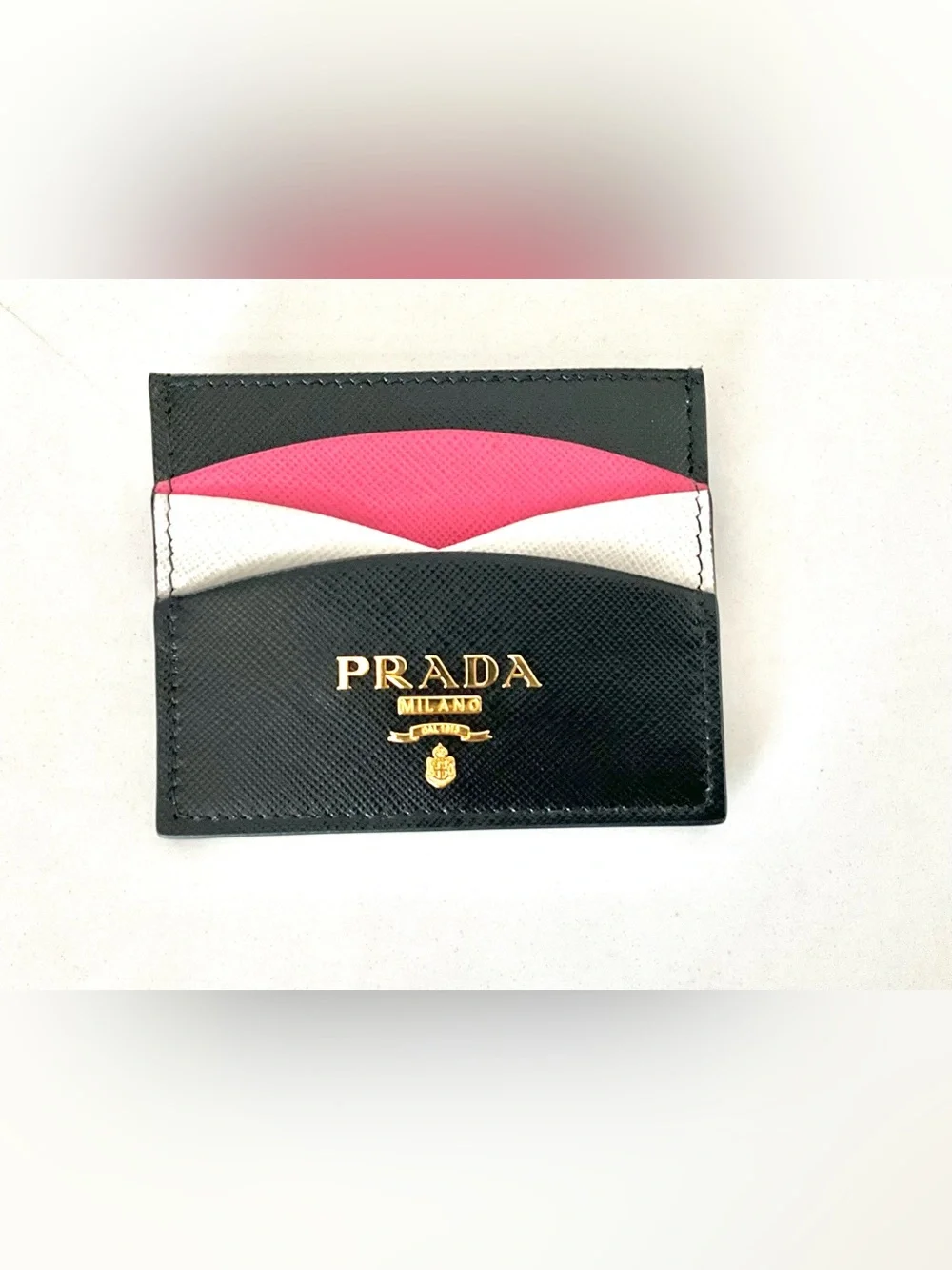 Prada Saffiano Leather Card Holder Black Pink White Gold Logo
